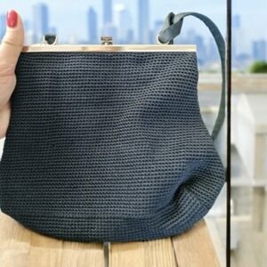 The Sak Crochet Shoulder Bag Navy Snap Closure Hinge Top opening